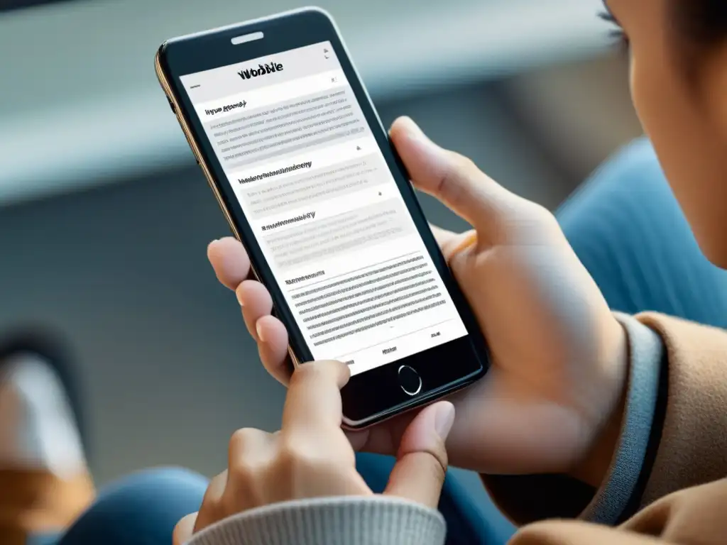 Usuario interactuando con móvil accesible y lector de pantalla Persona usando estrategias de pruebas de accesibilidad móviles en un dispositivo, navegando en un sitio web accesible y de fácil lectura