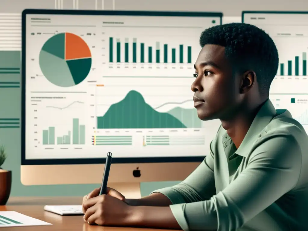 Análisis de datos en ilustración digital detallada Persona reflexiva analizando datos y estadísticas en su escritorio