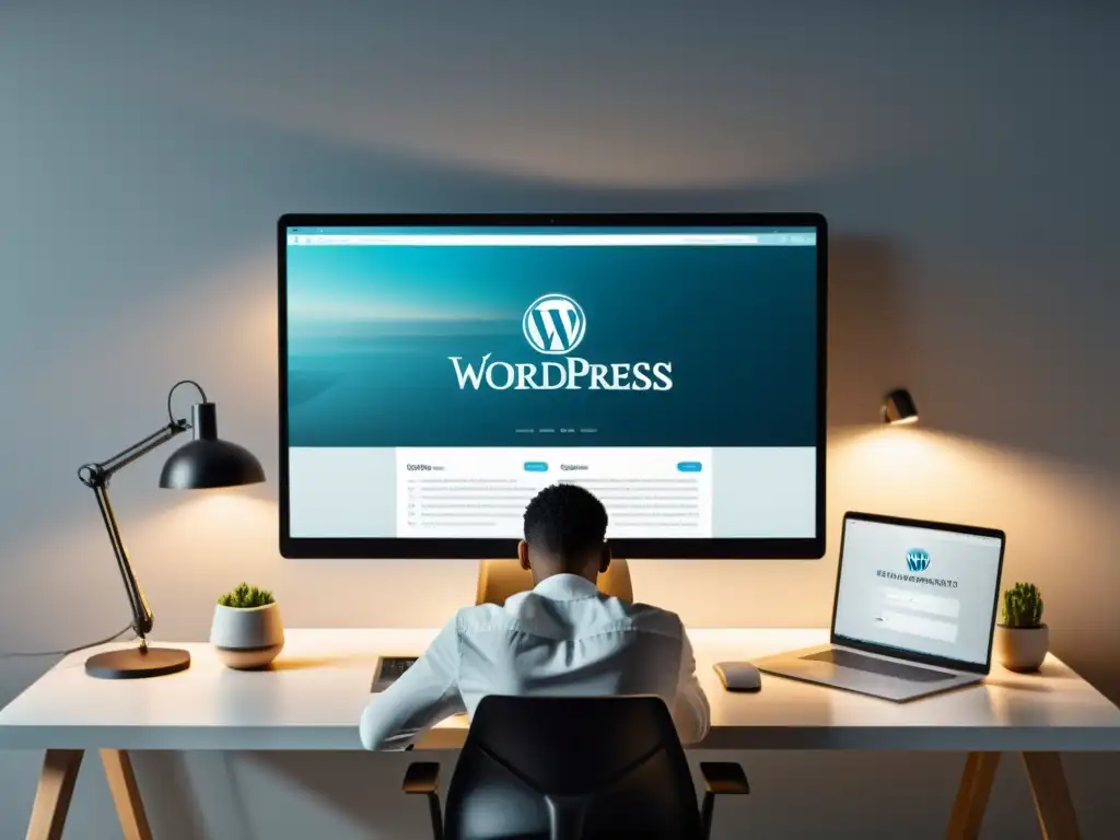 Escritorio moderno: persona trabajando con WordPress en laptop Persona configurando sitio web WordPress Headless CMS en escritorio moderno con ambiente profesional y acogedor