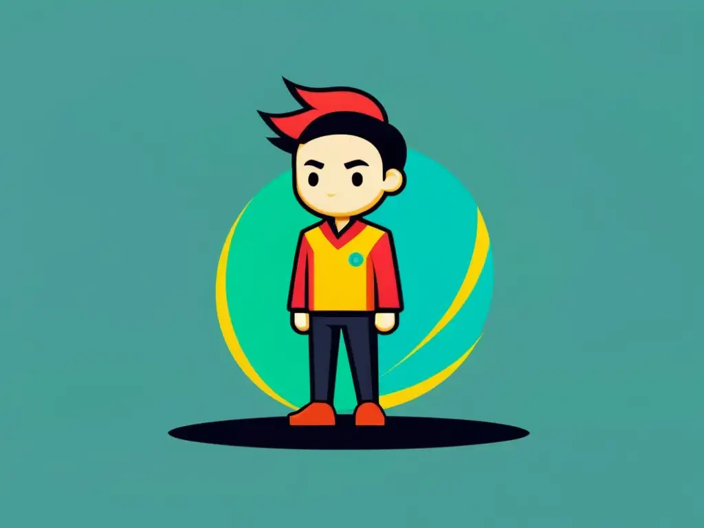 Triunfo vibrante: personaje del juego en ilustración minimalista Un personaje de juego en ilustración minimalista, irradiando éxito y confianza con colores vibrantes y líneas dinámicas