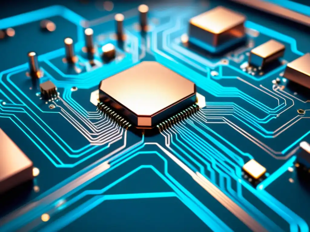 Circuito futurista iluminado en azul: Integrando Python y JavaScript en IoT Una placa de circuito minimalista iluminada por una suave luz azul, con microchips y componentes electrónicos interconectados