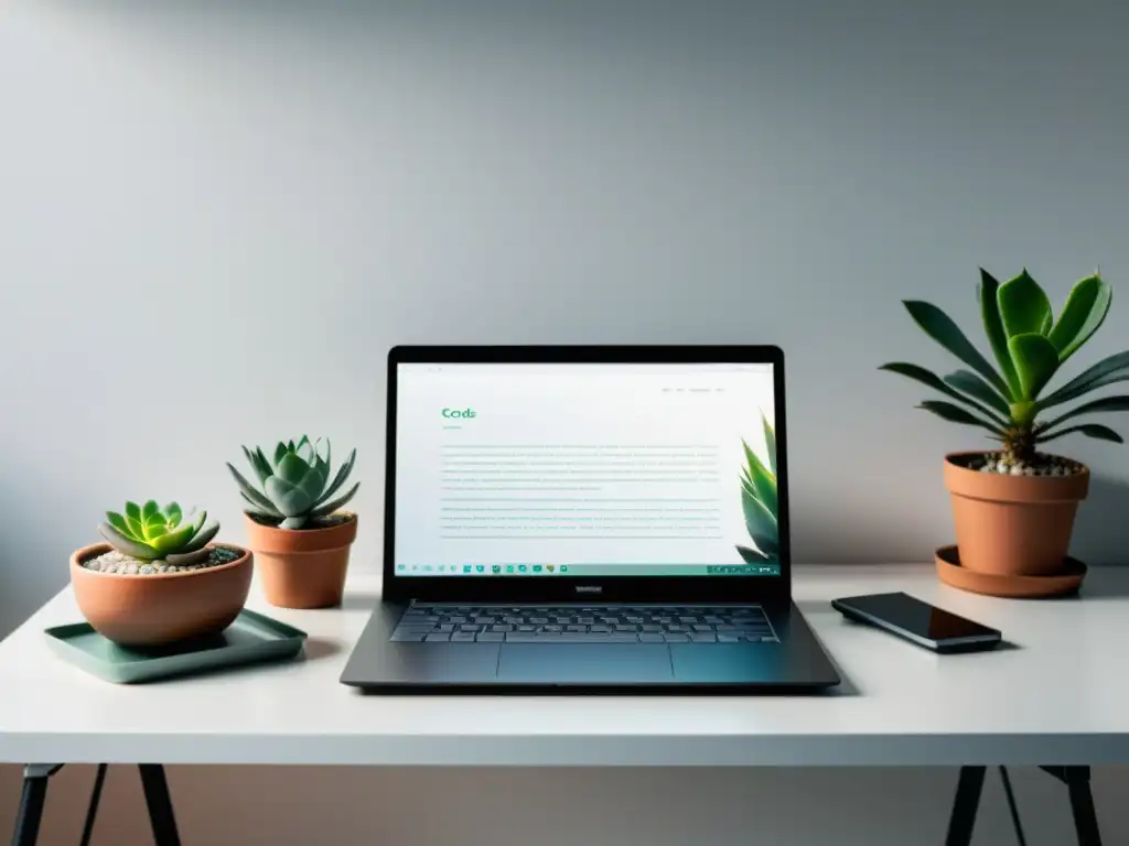 Escena serena: laptop moderno con TypeScript y suculentas Un portátil moderno con TypeScript en SPAs para desarrollo web, sobre un escritorio blanco con suculentas y luz natural