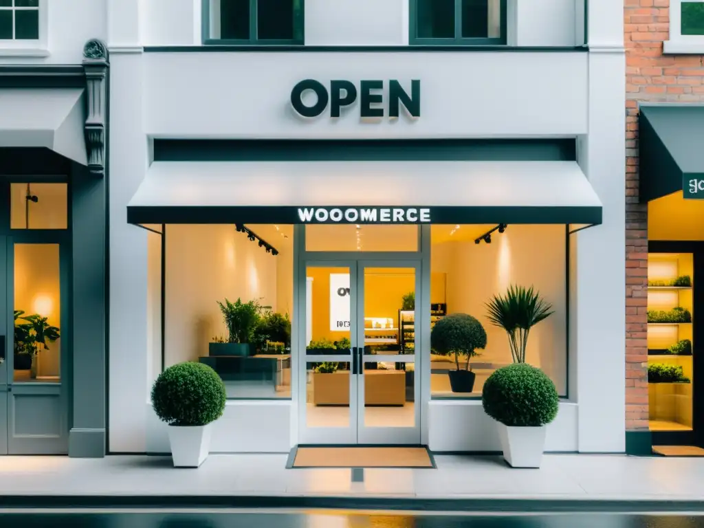 Primeros pasos para construir una tienda online: Fachada minimalista y acogedora con letrero 'Abierto' y plantas en macetas