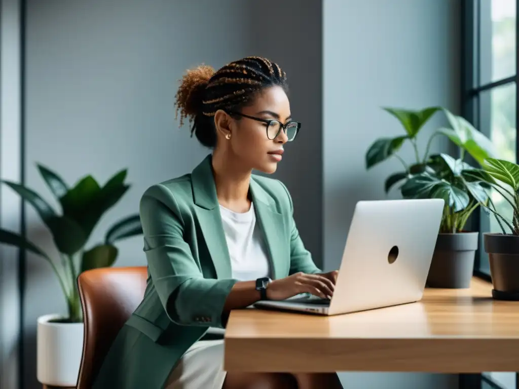 Productividad en la oficina: escribiendo con determinación Un profesional concentrado escribe en su laptop en un espacio de trabajo moderno y luminoso, transmitiendo productividad y comunicación efectiva