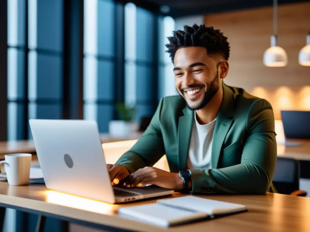 Freelancer exitoso en su oficina moderna Un profesional freelance confiado finaliza un proyecto en una oficina moderna y bien iluminada, transmitiendo eficiencia y calidez