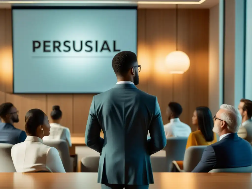 Presentación persuasiva: profesionalidad y calidez Un profesional presenta técnicas de copywriting persuasivo con confianza y calidez en un entorno moderno y enfocado