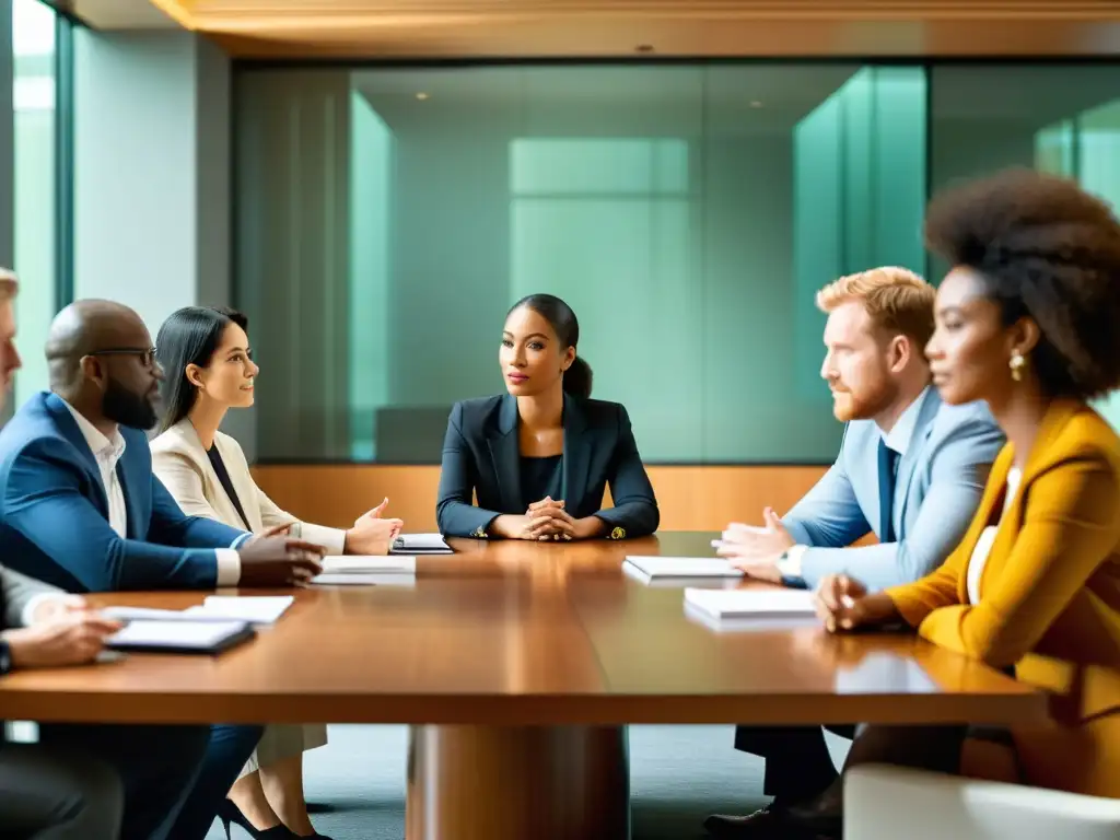 Conversación dinámica: Profesionales en acción Profesionales diversificados discuten estrategias de comunicación para proyectos de desarrollo en una sala iluminada y acogedora