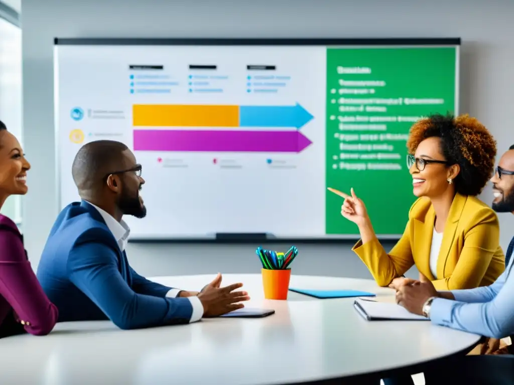 Reunión de profesionales con dinámica interacción Profesionales diversificados liderando reuniones productivas con dinamismo y gráficos ilustrativos