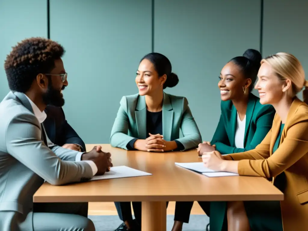 Equipo profesional en conversación abierta Profesionales diversos en una mesa, comunicación abierta en equipos de desarrollo, colaboración y respeto mutuo