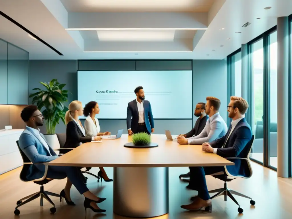 Reunión profesional dinámica en espacio minimalista Profesionales liderando reuniones productivas en un espacio minimalista, con tecnología moderna y ambiente sereno