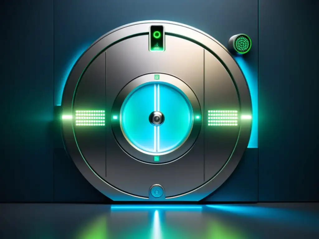 Puerta de bóveda segura: tecnología futurista y protección avanzada Una puerta de bóveda segura con mecanismos futuristas y escáneres biométricos, iluminada con indicadores de seguridad azules y verdes