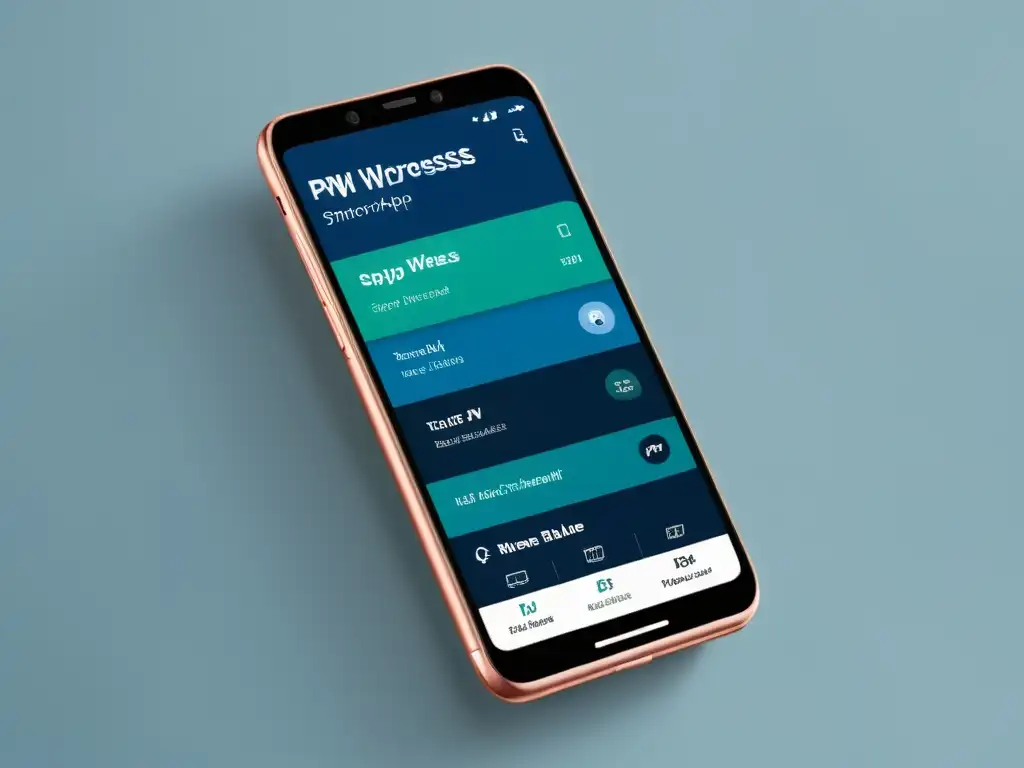 PWA WordPress: Experiencia Profesional Crear PWA con WordPress Headless: Smartphone elegante muestra PWA atractiva con WordPress integrado en superficie limpia y profesional