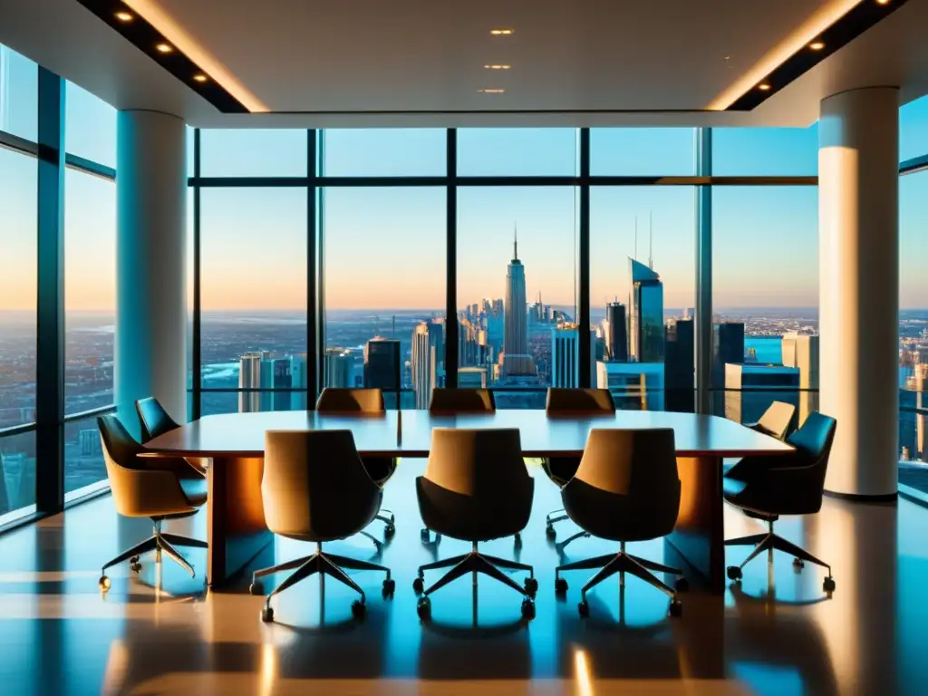 Espacio de reuniones moderno y minimalista con vistas urbanas Una sala de conferencias moderna y elegante con una vista impresionante de la ciudad
