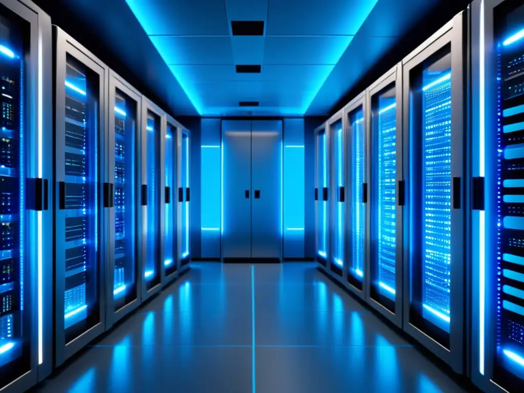 Salas de servidores futuristas: tecnología ultradetallada en 8k Una sala de servidores futurista y elegante en 8k, con líneas limpias y tecnología de vanguardia