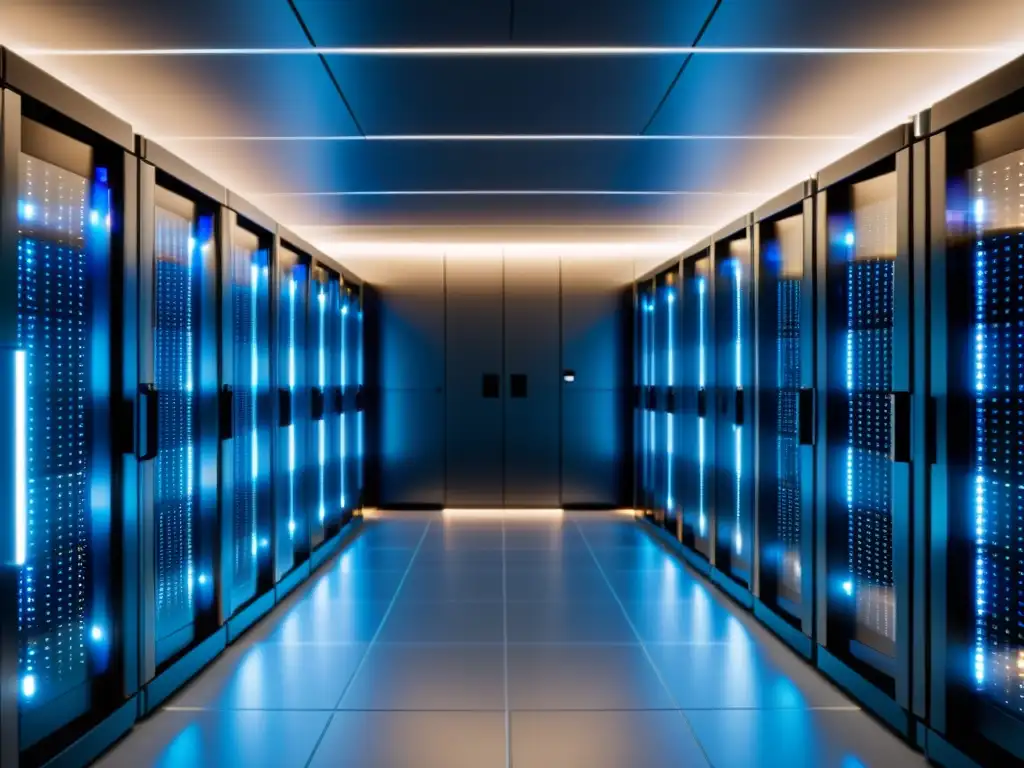 Sala de servidores minimalista: eficiencia tecnológica Una sala de servidores moderna y elegante, con iluminación suave y ordenados racks de servidores con luces LED
