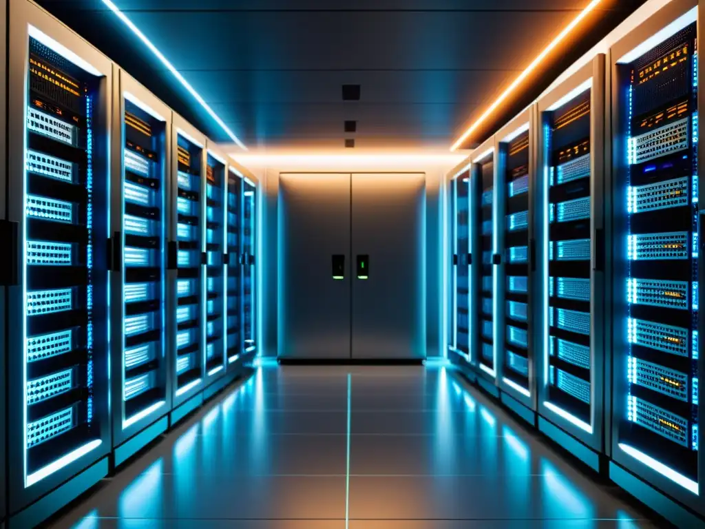 Sala de servidores de alta tecnología: eficiencia y precisión Una sala de servidores moderna y minimalista, con equipos ordenados y cables iluminados