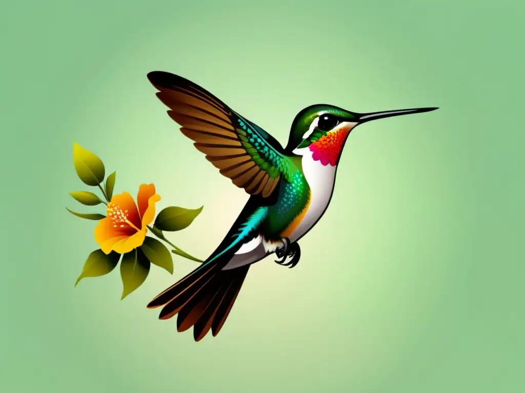 Animación SVG serena de un colibrí en vuelo con flores Una animación SVG serena de un colibrí en vuelo, con sus alas batiéndose graciosamente y un sutil rastro de flores en flor siguiendo su camino