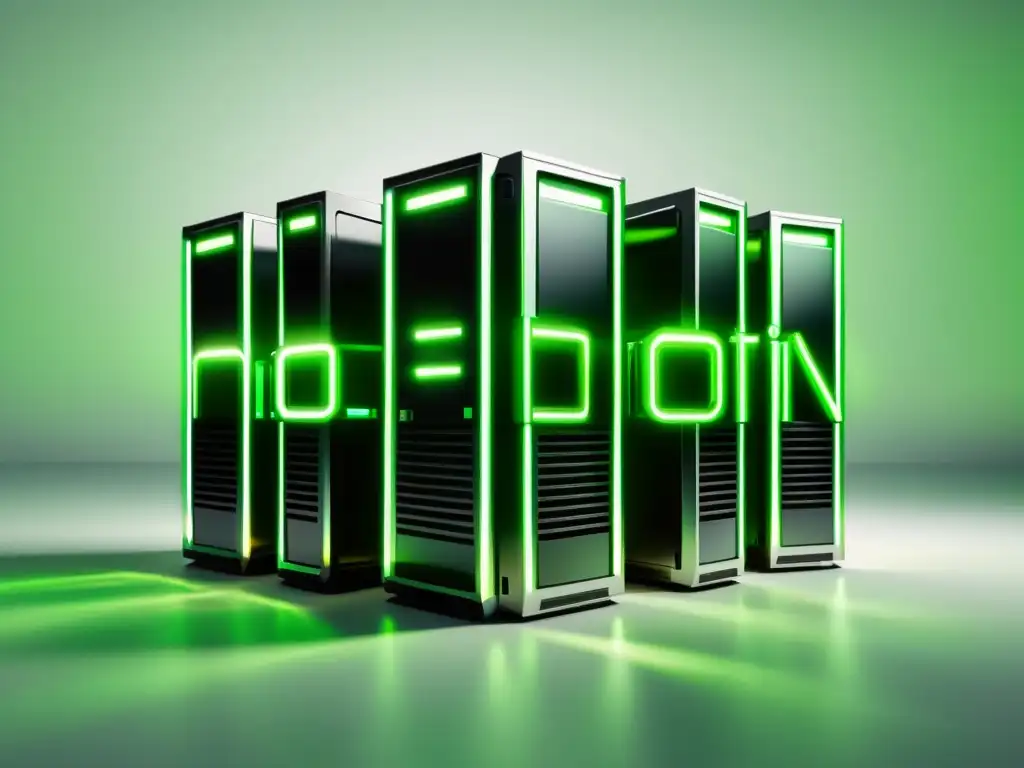Servidor web con indicadores SEO brillantes Un servidor de alojamiento web minimalista rodeado de indicadores verdes de SEO brillantes, con un diseño moderno y líneas detalladas