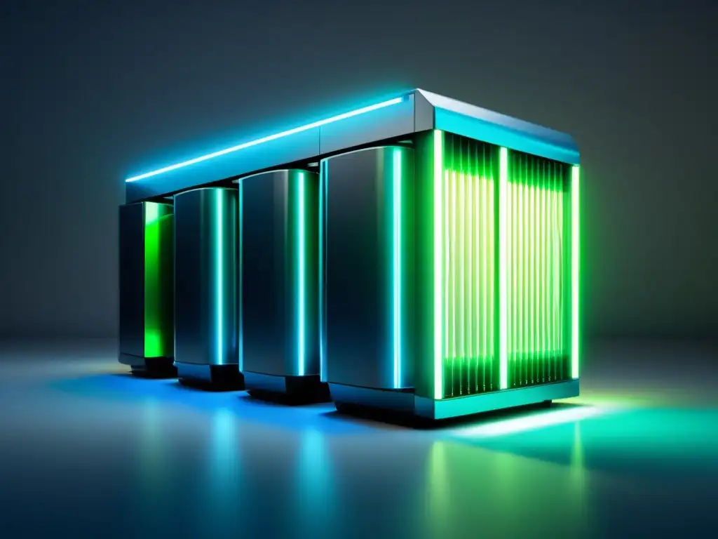 Servidor de base de datos futurista: eficiencia y tecnología avanzada Un servidor de base de datos moderno y elegante, con luces azules y verdes, en un entorno futurista limpio