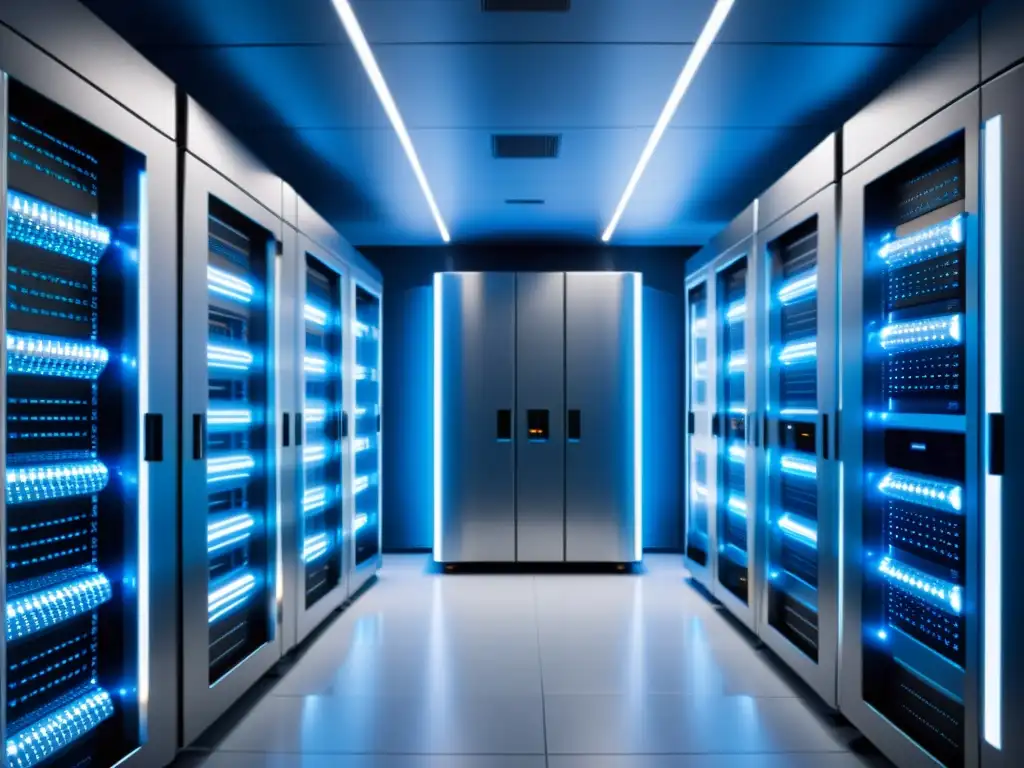 Sala de servidores eficiente y futurista Servidores organizados en una sala minimalista con cables azules brillantes, transmitiendo eficiencia y monitoreo en aplicaciones BackEnd