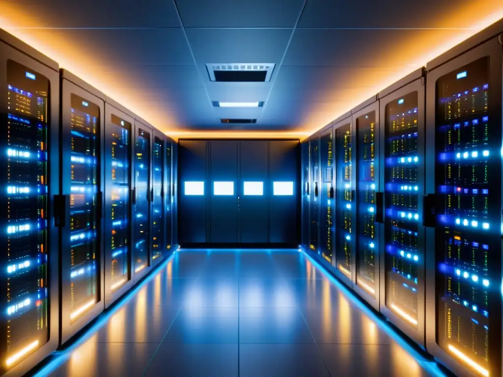 Sala de servidores segura y organizada: infraestructura avanzada Servidores organizados en una sala segura con iluminación suave, datos visuales en consola central