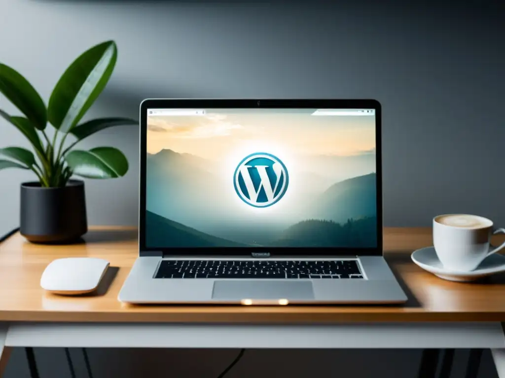 Escritorio profesional con WordPress: minimalismo y eficiencia Configurar sitio web WordPress Headless CMS en un ambiente minimalista y profesional, con luz suave y acogedora
