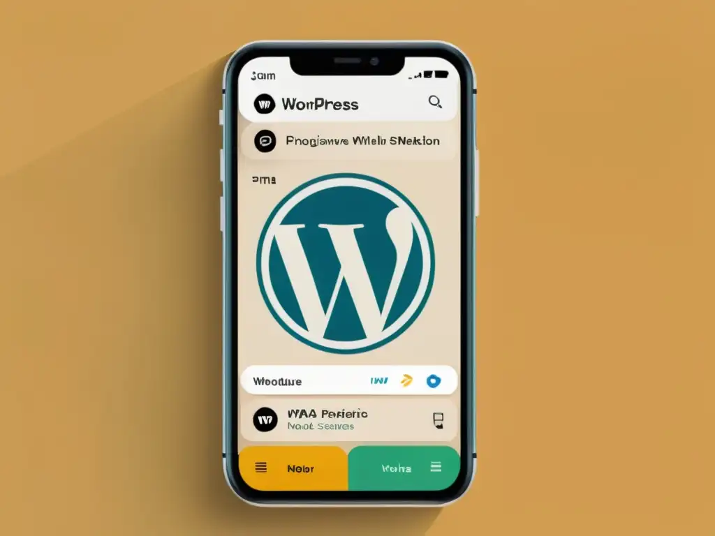 Mockup de WordPress PWA: Interfaz moderna y funcional Un smartphone elegante muestra una PWA de WordPress con diseño moderno