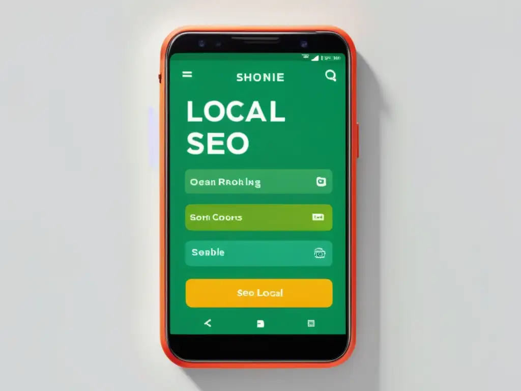 Optimización de Imágenes para SEO Local en Pantalla de Smartphone Un smartphone muestra una imagen vibrante de SEO local en una pantalla minimalista
