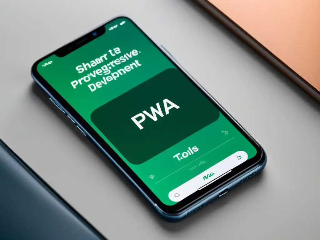Interfaz PWA en smartphone: profesional y atractiva Smartphone con interfaz de PWA en escritorio moderno, rodeado de herramientas esenciales desarrollo PWA en luz natural