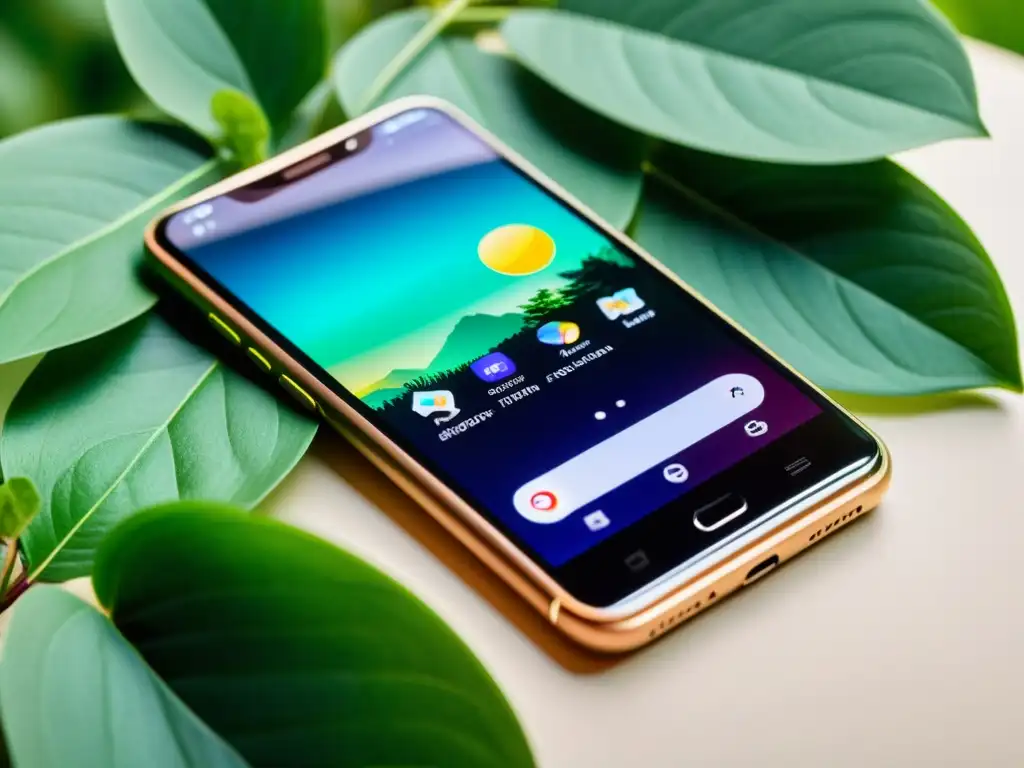 Smartphone ecológico: pantalla OLED vibrante en armonía con la naturaleza Un smartphone moderno con pantalla OLED vibrante y diseño ecológico, integrado armoniosamente en la naturaleza