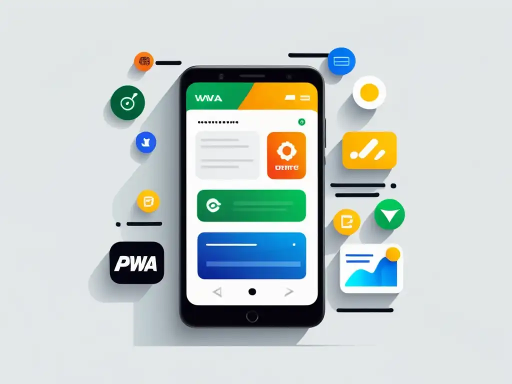 Monetización elegante para PWA: smartphone y flujos de ingresos Smartphone con PWA rodeado de estrategias de monetización en fondo blanco