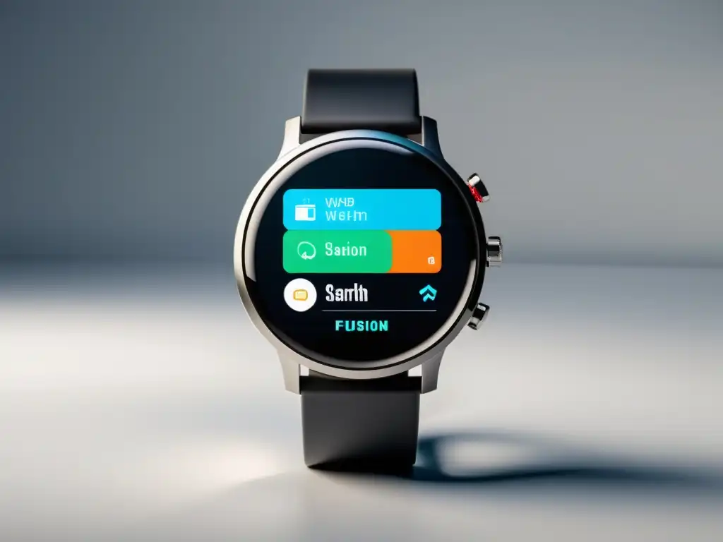 Smartwatch de diseño moderno con interfaz de desarrollo web personalizable Un smartwatch minimalista muestra la interfaz de desarrollo web personalizable