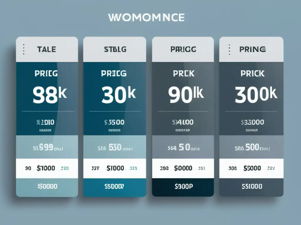 Tabla de precios minimalista en WooCommerce, con líneas limpias y colores modernos en tonos azules y grises