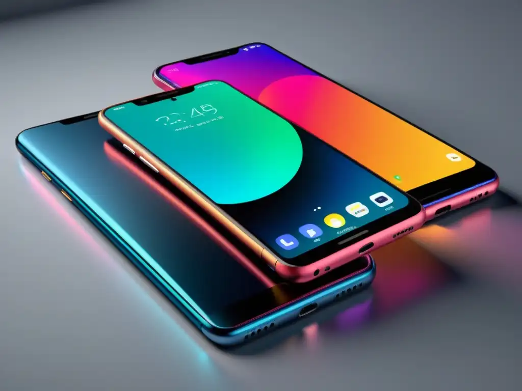 Smartphone 2023: Interfaz moderna y vibrante Teléfono inteligente minimalista con pantalla vibrante de alta resolución, mostrando la interfaz de aplicaciones web y nativas de vanguardia