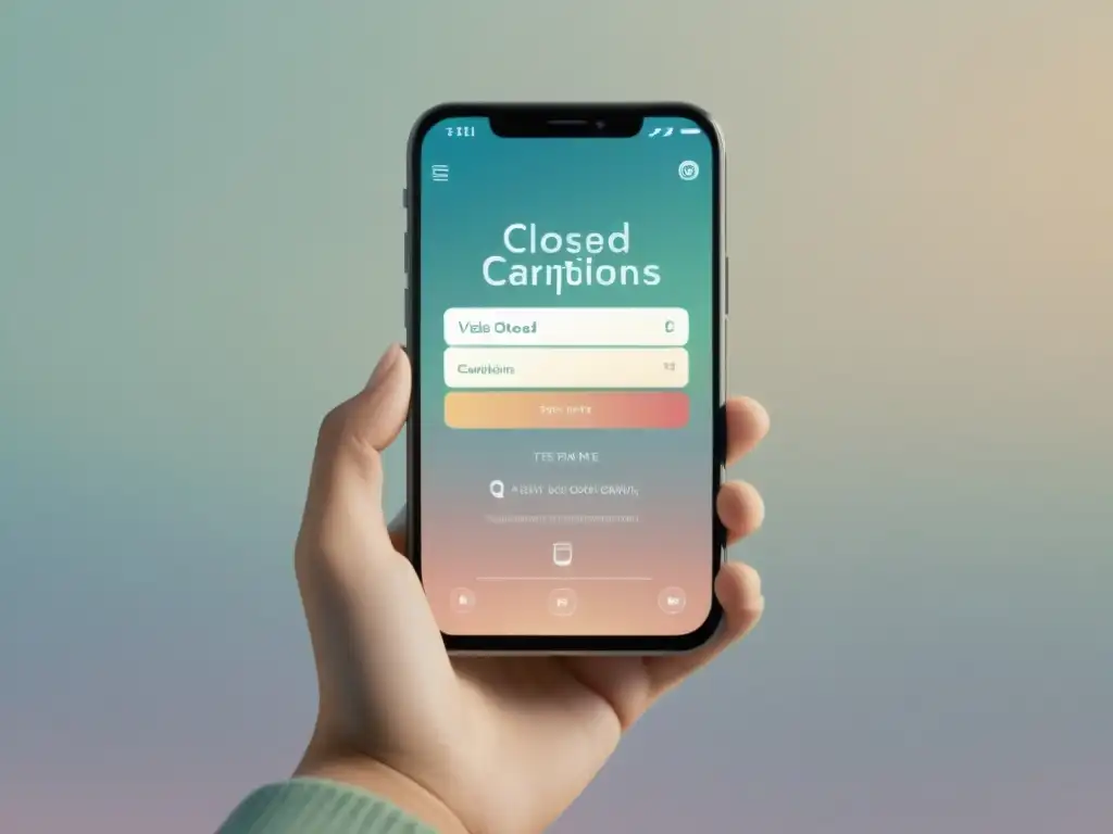 Smartphone con subtítulos: accesibilidad serena Un teléfono inteligente muestra subtítulos en un video