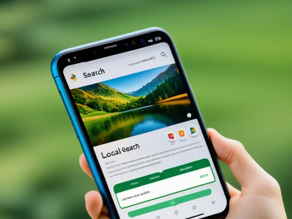Optimización de Imagen para Búsqueda Local: Detalles en 8k Teléfono móvil mostrando resultados de búsqueda local con imagen optimizada para SEO local