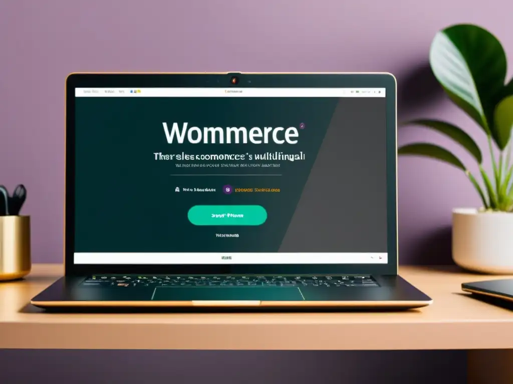 Crear tienda online multilingüe WooCommerce: Imagen minimalista de laptop con interfaz multilingüe y listados de productos en diferentes idiomas