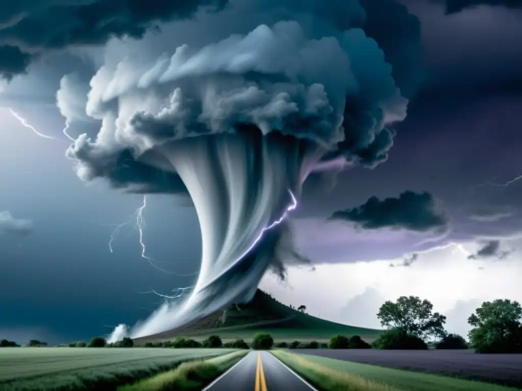 Tornado gris: ilustración minimalista del peligro en la distancia Un tornado gris se cierne en la distancia, con nubes oscuras