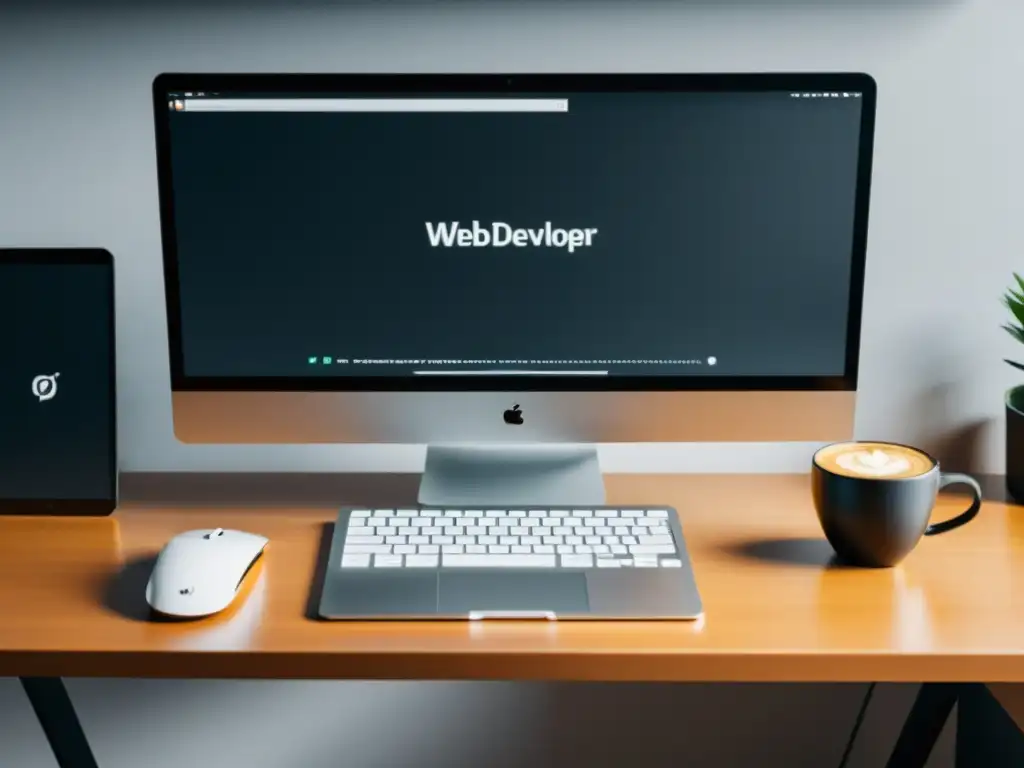 Estación de trabajo de desarrollo web: minimalista y eficiente Estación de trabajo de un desarrollador web con laptop, código en pantalla, mouse y café