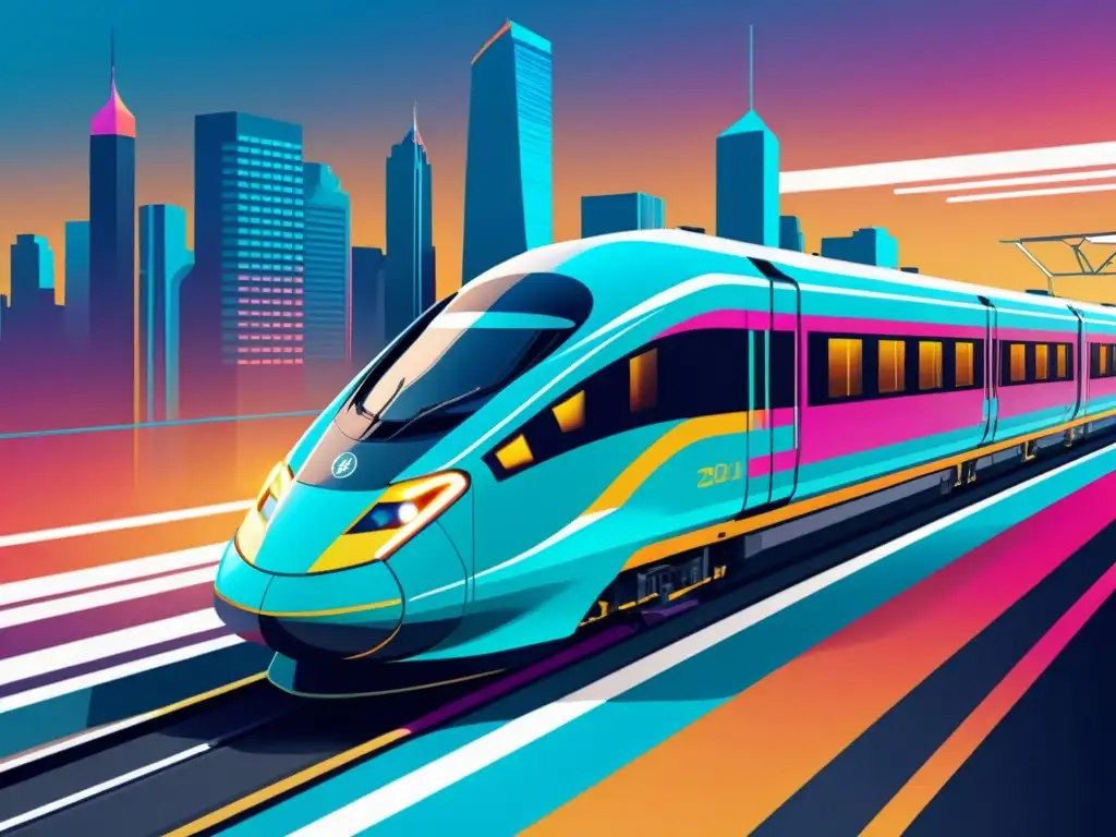 Veloz tren en ciudad futurista: optimización de PWA Un tren de alta velocidad corre por una ciudad futurista, exudando eficiencia y progreso, capturando la esencia de la optimización de rendimiento PWA web