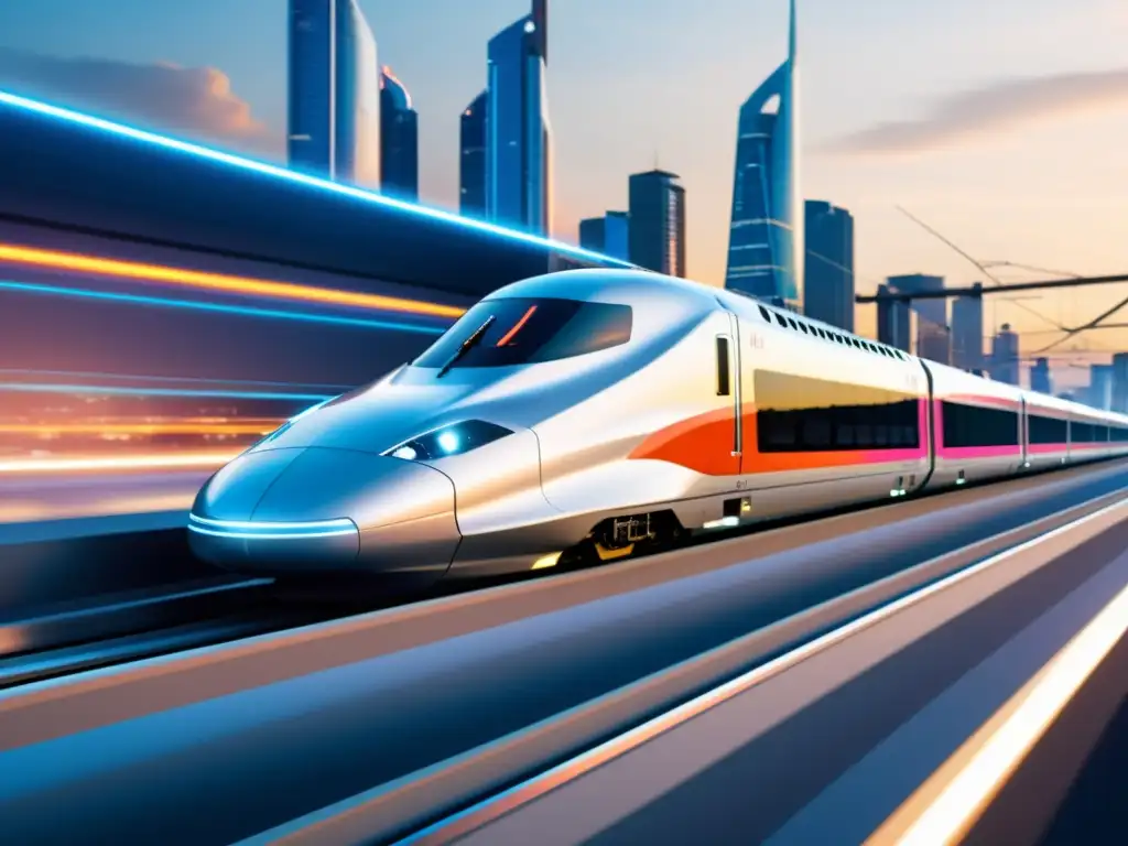 Veloz tren bala surcando la ciudad futurista al atardecer Un tren bala de alta velocidad recorre una ciudad futurista al anochecer, con luces vibrantes