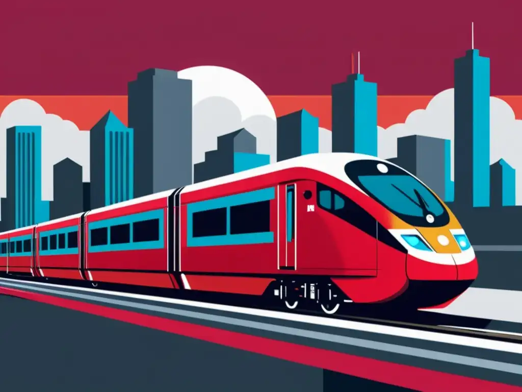 Avance futurista en Ruby on Rails Un tren moderno y futurista avanza por vías rojas, con la ciudad de fondo, capturando la esencia de la guía completa de Ruby on Rails