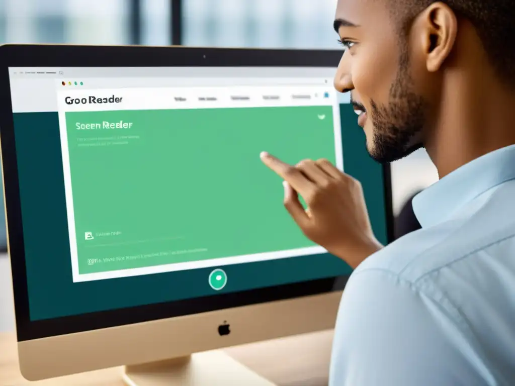 Interacción usuario-tecnología: navegación web con lector de pantalla Un usuario utiliza un lector de pantalla para pruebas de accesibilidad web, mostrando interacción tecnológica y expresión facial