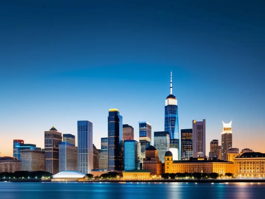 Skyline nocturno: mezcla de rascacielos y edificios históricos iluminados Una vibrante ciudad nocturna con rascacielos modernos y edificios históricos, iluminada y llena de actividad