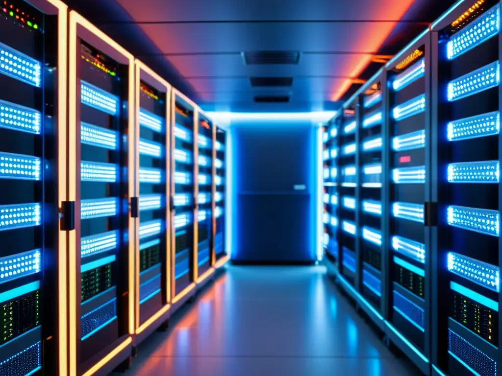 Sala de servidores ordenada con luces LED parpadeantes y cables coloridos Vista detallada de una sala de servidores con racks ordenados y luces LED parpadeantes, conectados por cables coloridos, bañados en una luz azul