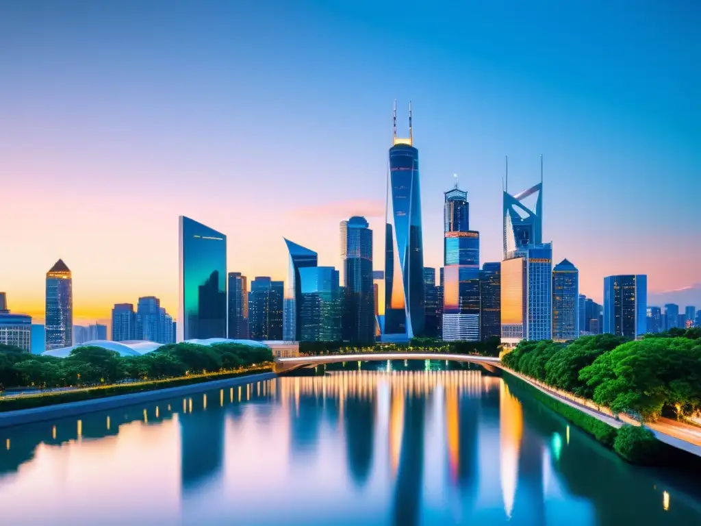 Horizonte urbano futurista: FullStack development en la ciudad nocturna Vista futurista de la ciudad al anochecer con rascacielos modernos, puentes iluminados y logo de Desarrollo FullStack en 2023 principiantes
