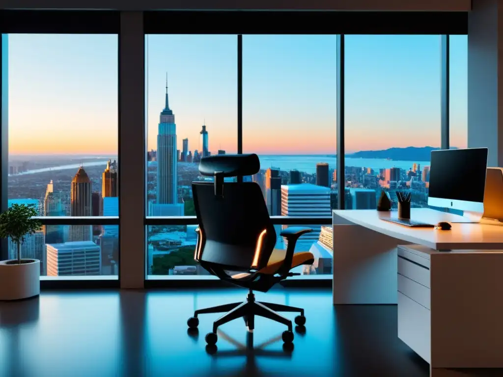 Oficina minimalista con vista urbana en 8K Vista impresionante de oficina moderna con escritorio minimalista, silla ergonómica y ventana panorámica