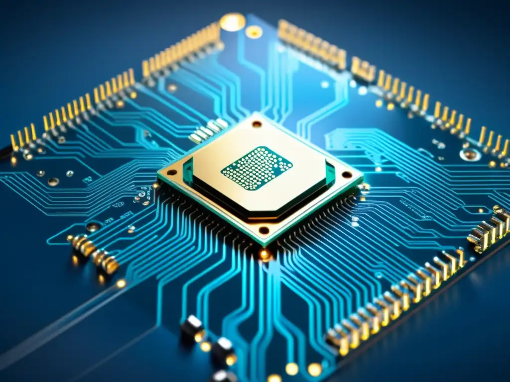 IoT Fullstack: Integración Python y JavaScript en Circuito Minimalista Vista minimalista de una placa de circuito iluminada en azul, simbolizando la integración de Python y JavaScript en IoT FullStack