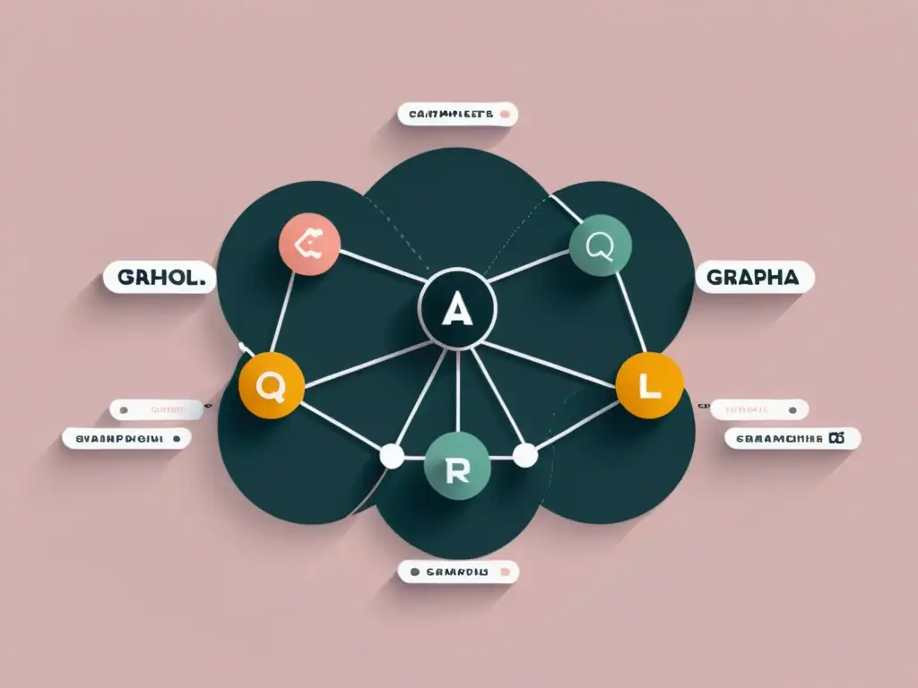 Esquema minimalista de GraphQL: eficiencia y simplicidad Representación visual de un esquema GraphQL, con nodos interconectados y líneas que muestran el manejo de datos con GraphQL de forma eficiente y elegante