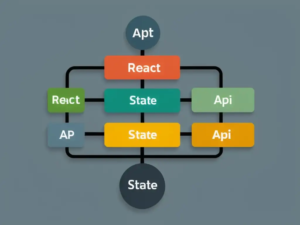 Árbol de componentes React con Context API resaltada Representación visual minimalista de la gestión de estado en React Redux, con una estructura de componentes y el API de Context resaltado